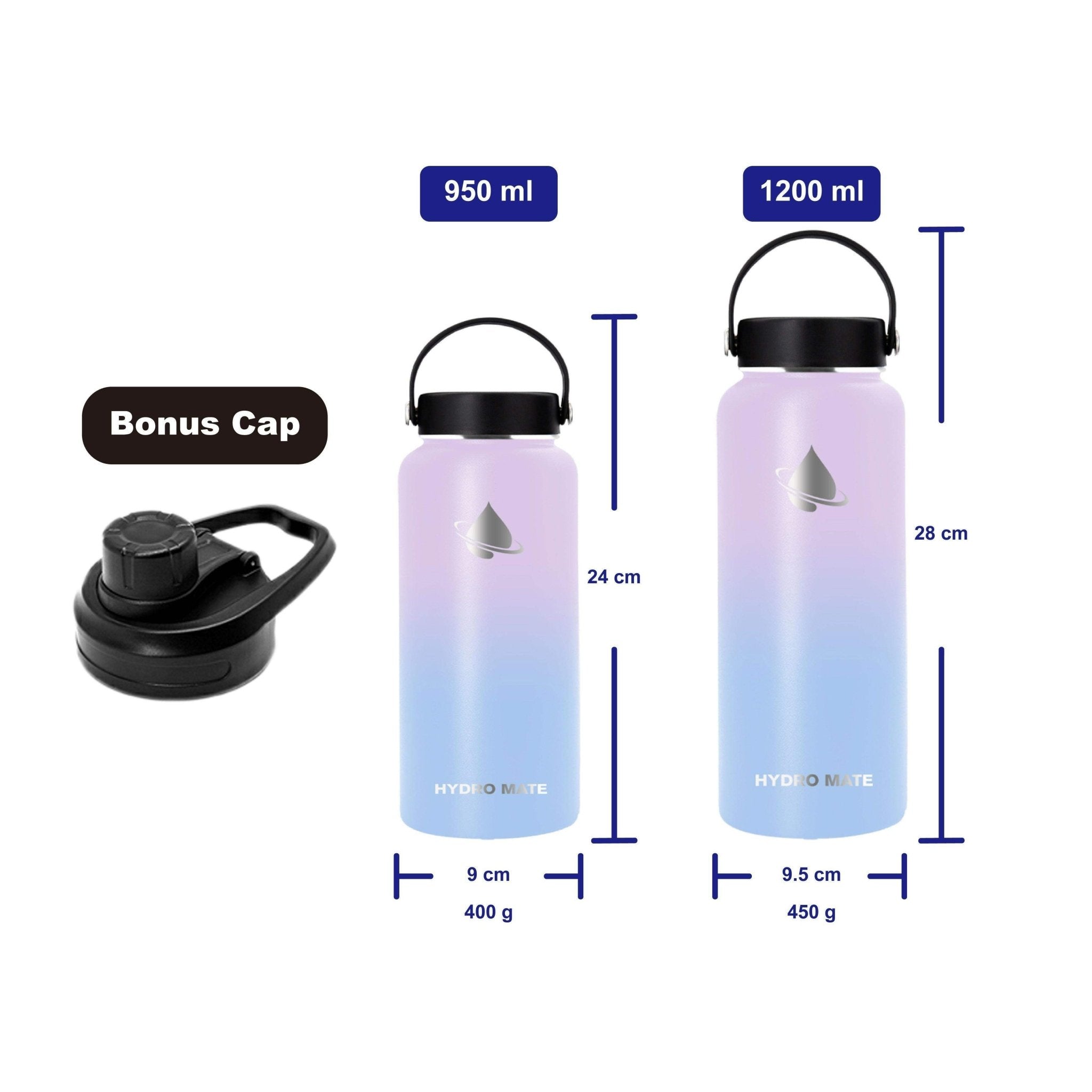 Hydro Mate Insulated Water Bottle Aurora | Stainless Steel Flask + Bonus Lid - 950ml -