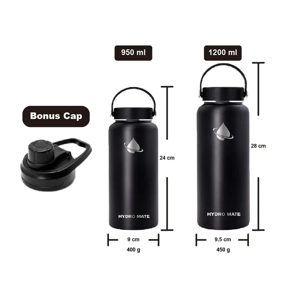 Hydro Mate Insulated Water Bottle Black | Stainless Flask + Bonus Lid | Stainless Steel Water Bottles | Brilliant Home Living