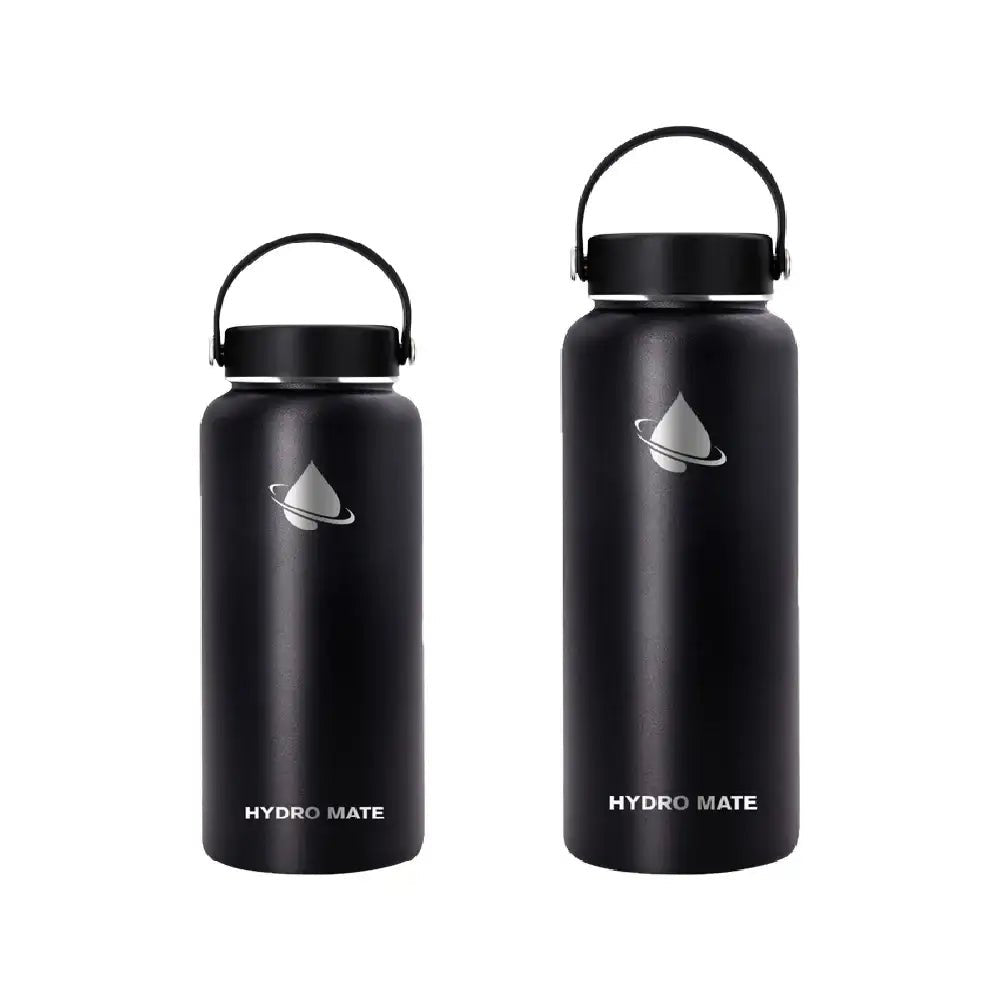 Hydro Mate Insulated Water Bottle Black | Stainless Flask + Bonus Lid - 950ml -