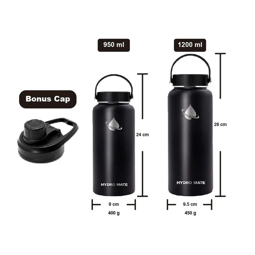 Hydro Mate Insulated Water Bottle Black | Stainless Flask + Bonus Lid - 950ml -