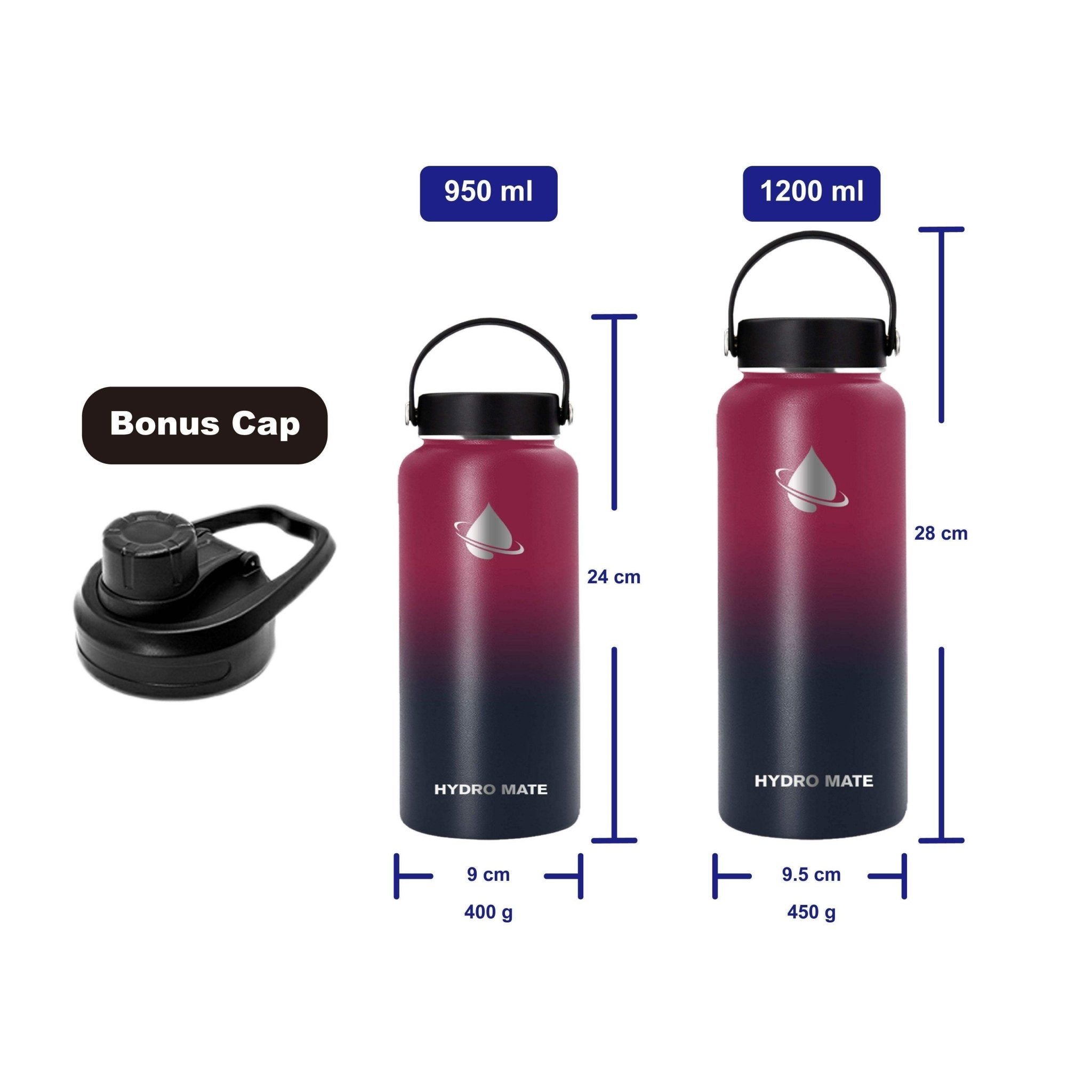 Hydro Mate Insulated Water Bottle Dark Rainbow | Stainless Flask + Bonus Lid - 950ml -