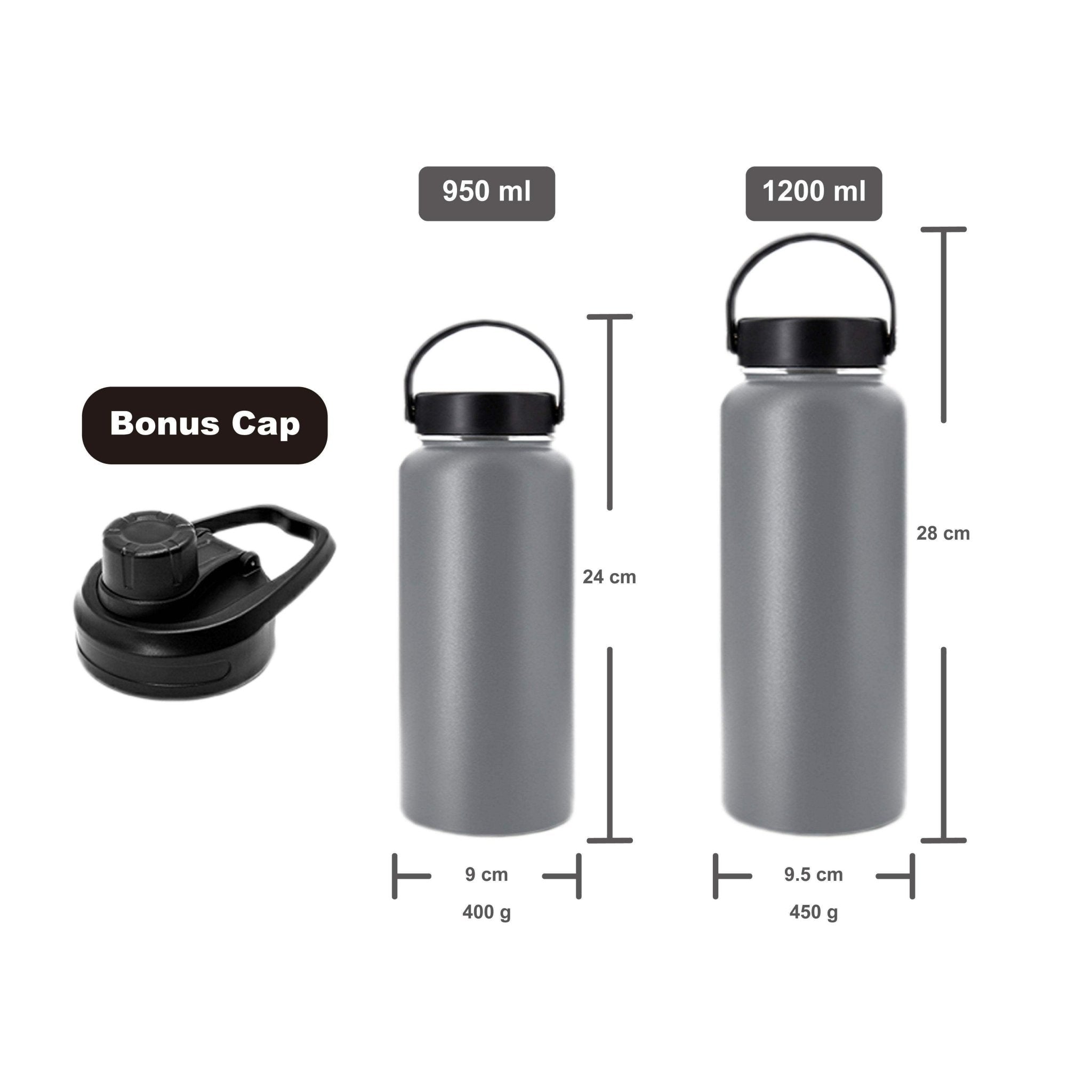 Hydro Mate Insulated Water Bottle Grey | Stainless Flask + Bonus Lid - 950ml -