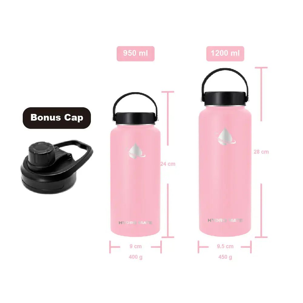 Hydro Mate Insulated Water Bottle Pink | Stainless Flask + Bonus Lid - 950ml -