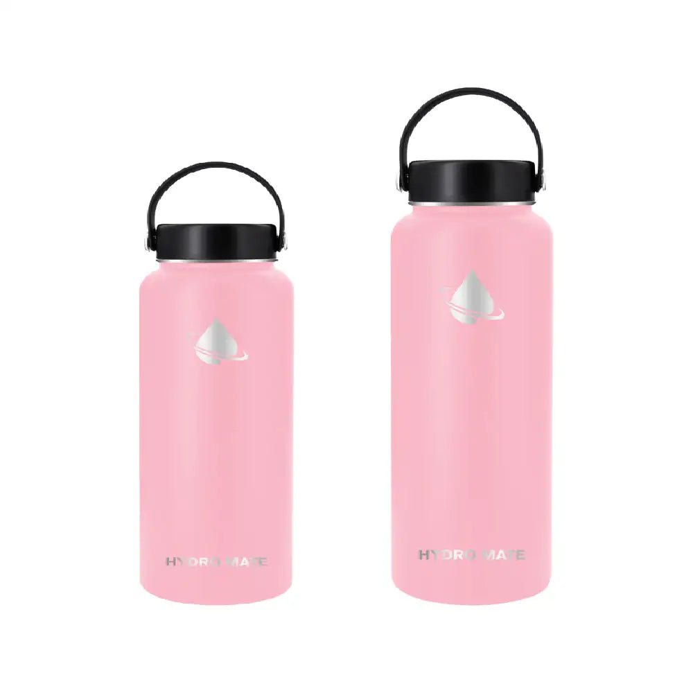 Hydro Mate Insulated Water Bottle Pink | Stainless Flask + Bonus Lid - 950ml -