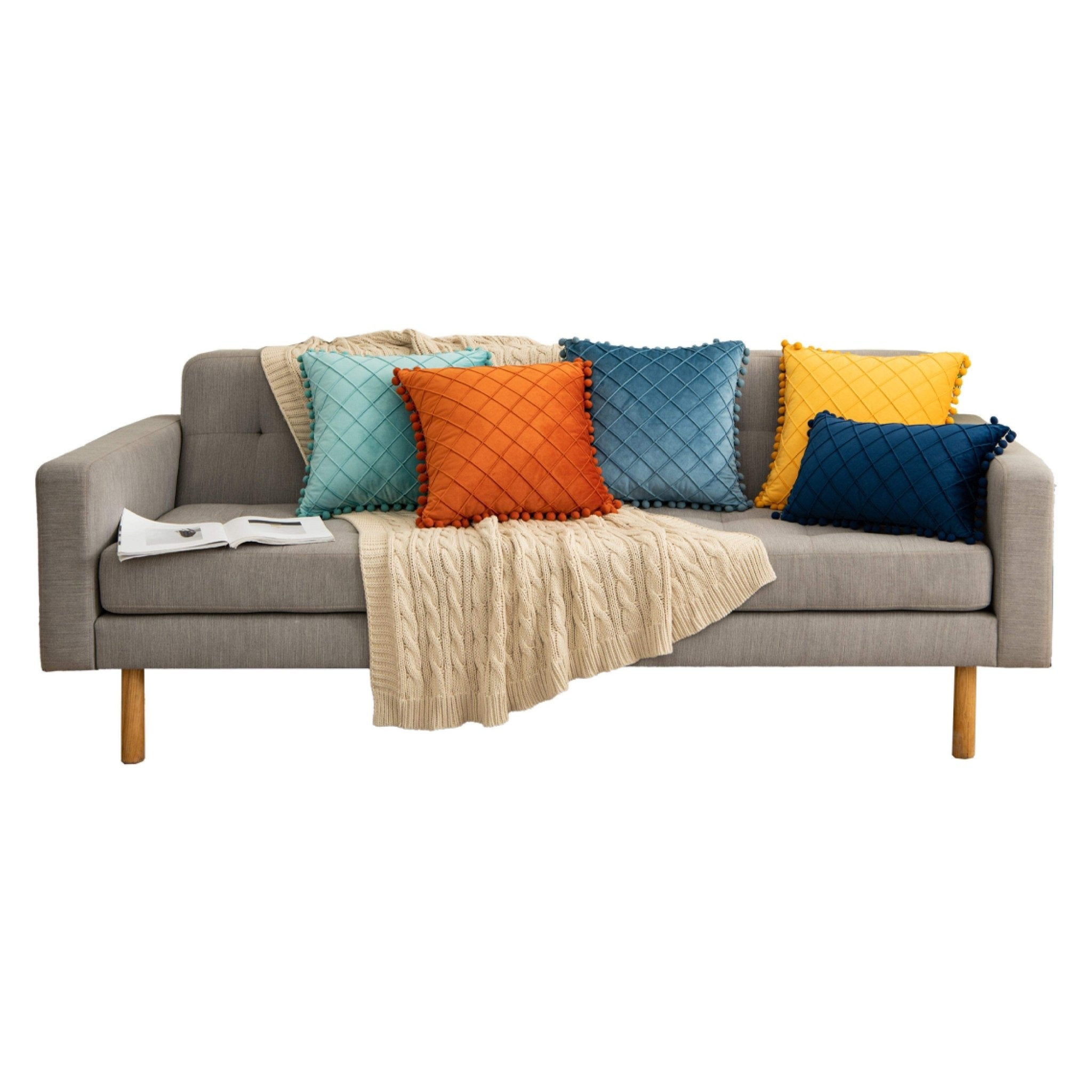 Hyper Cover Pom Pom Diamond Velvet Cushion Cover | Textured Throw Pillow Case - Beige - 30x50 cm