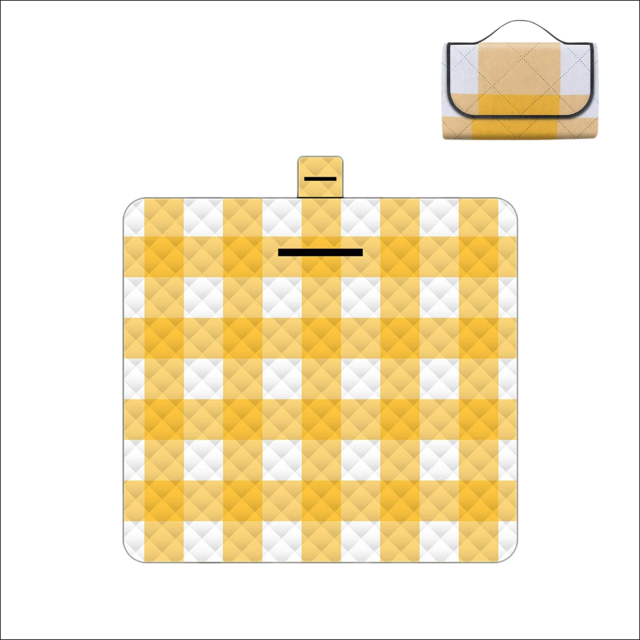 Outdoor Bees Foldable Picnic Blanket Yellow Grid | Waterproof Rug 2x2m -