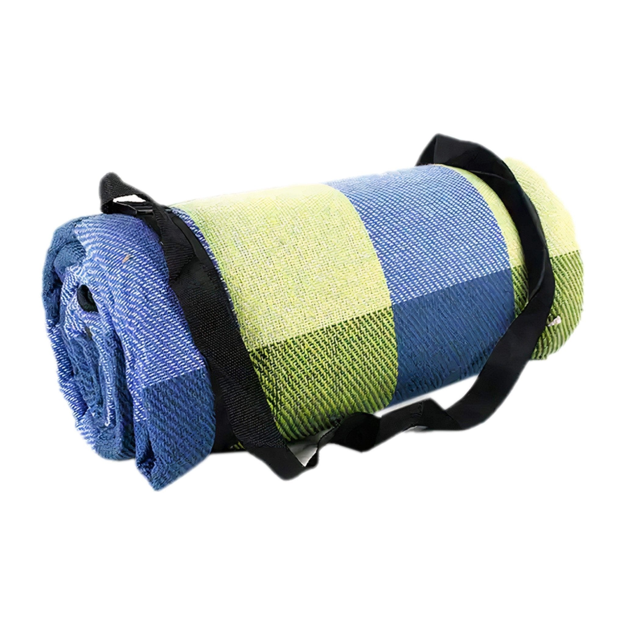 Outdoor Bees Picnic Blanket Blue Green Grid | Waterproof Rug 2x2m -
