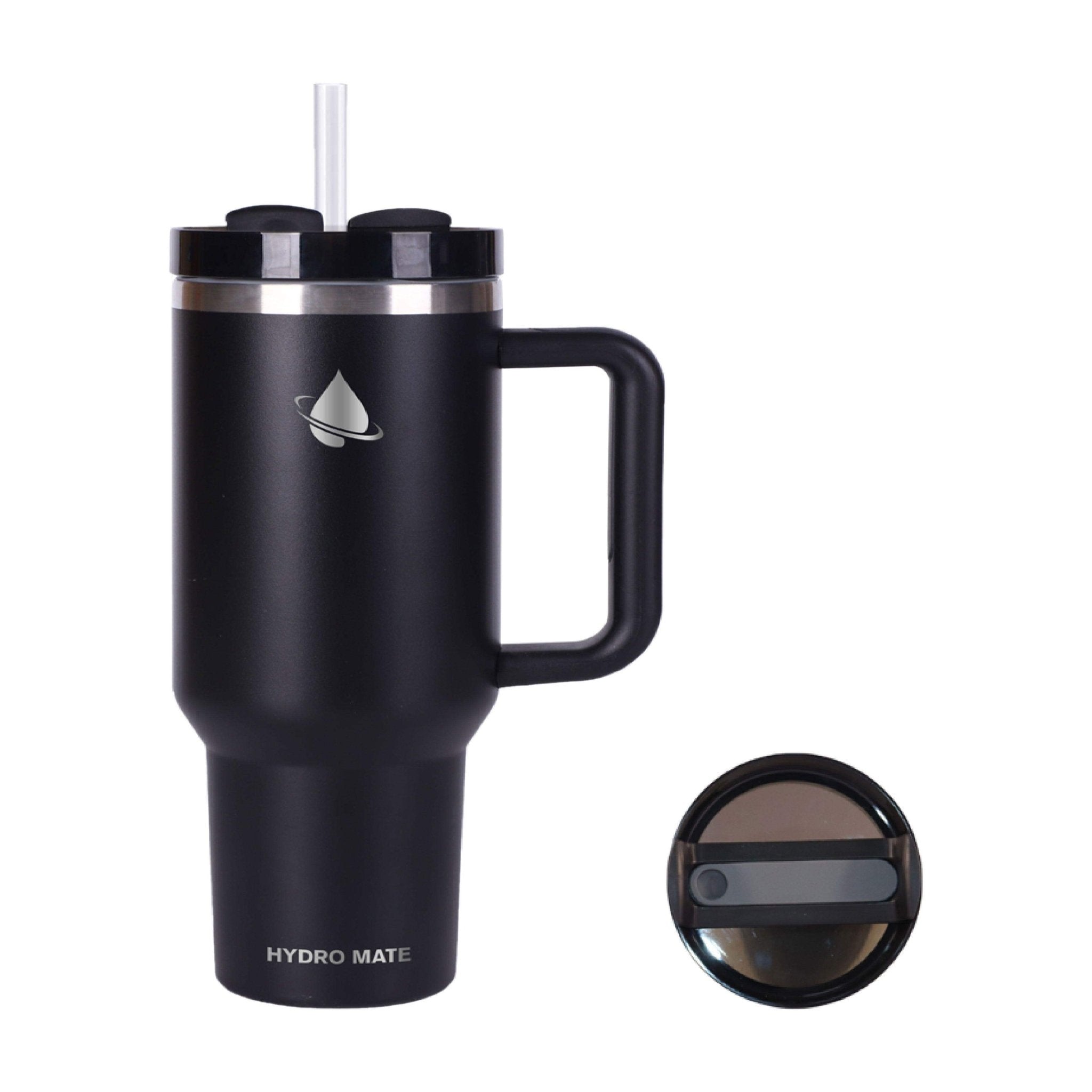 Hydro Mate 1.2L Insulated Tumbler with Handle | 40oz Travel Mug + Straw Lid - Black -
