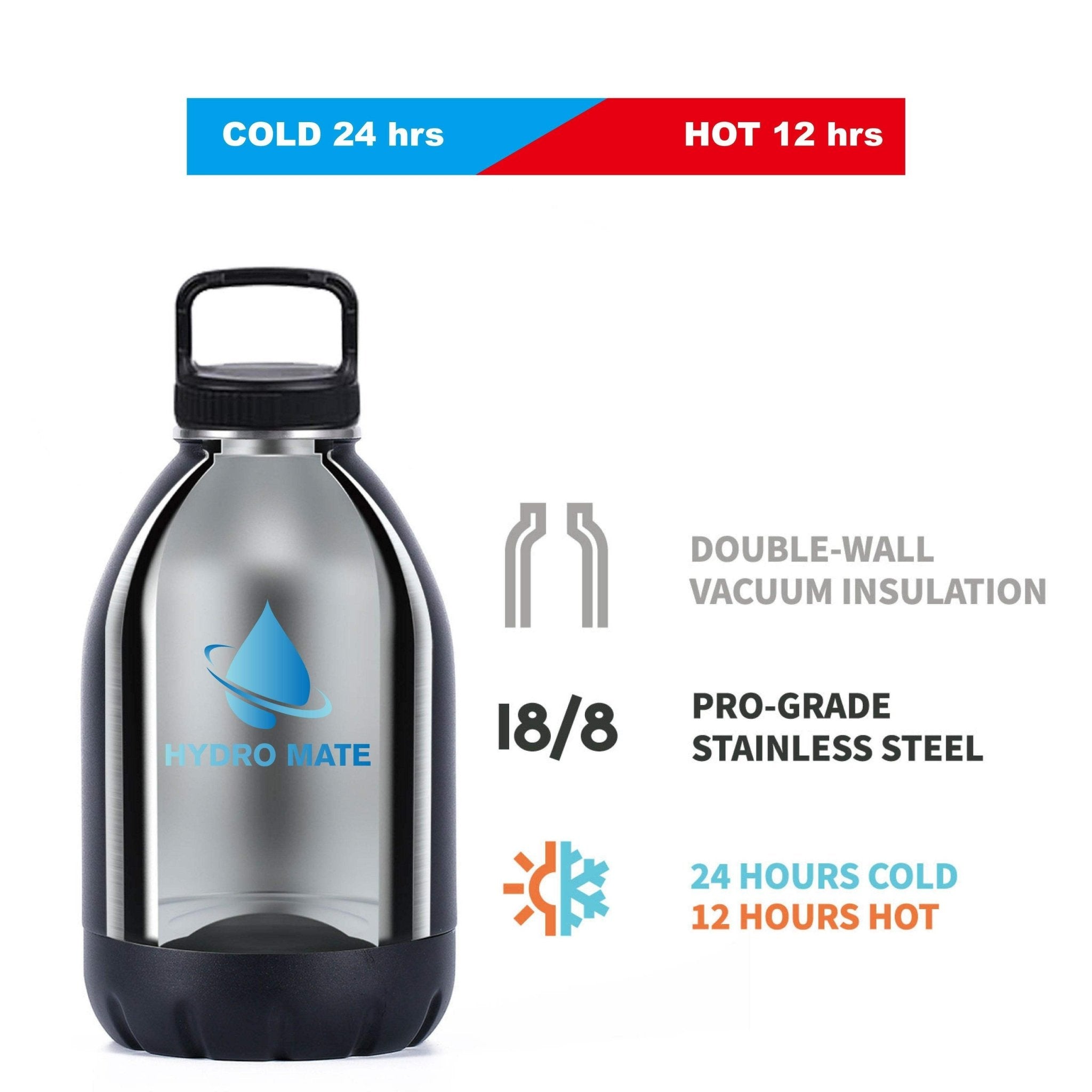 Hydro Mate Insulated Water Bottle Black | Extra Large Stainless Steel Flask - 1800ml -