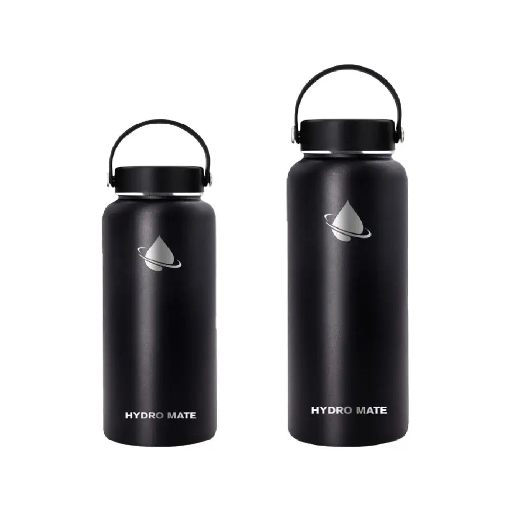 Hydro Mate Insulated Water Bottle Black | Stainless Flask + Bonus Lid | Stainless Steel Water Bottles | Brilliant Home Living