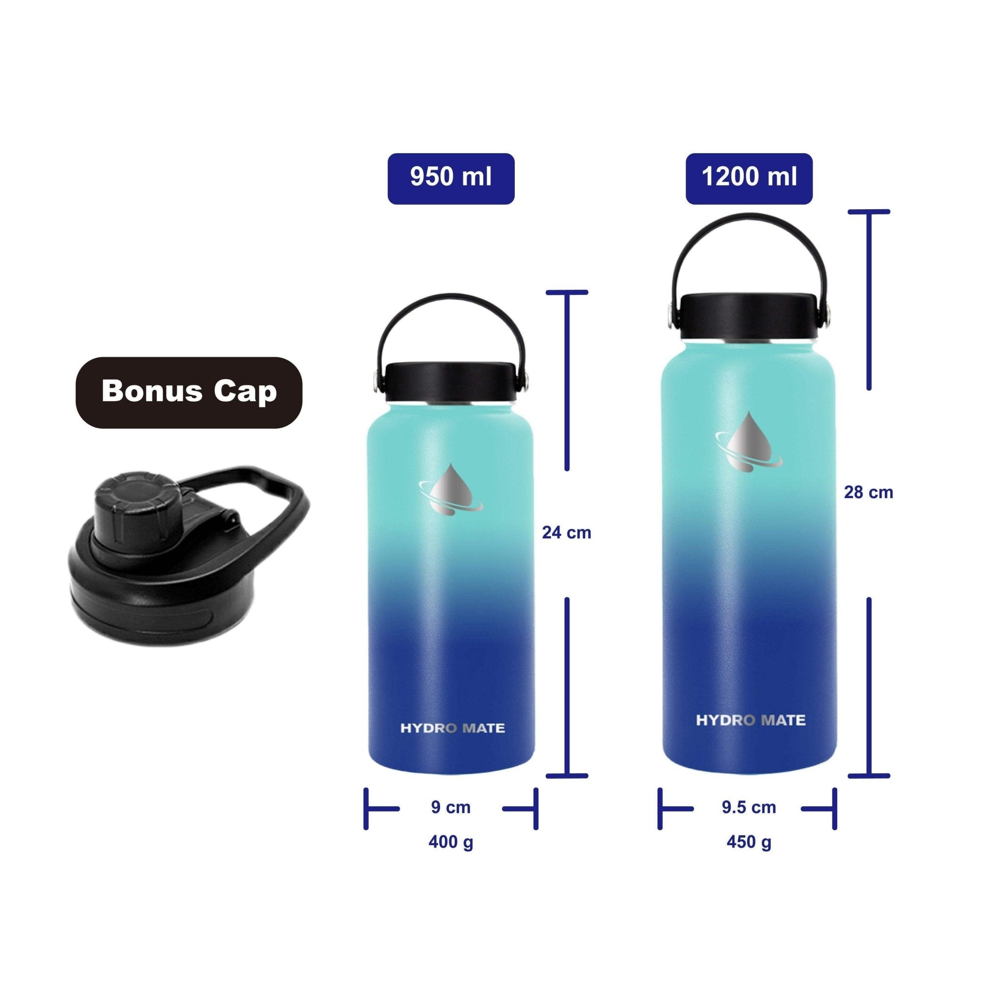 Hydro Mate Insulated Water Bottle Ocean | Stainless Flask + Bonus Lid - 950ml -