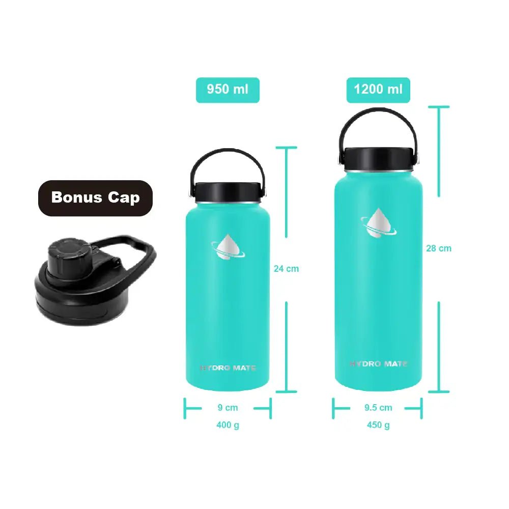 Hydro Mate Insulated Water Bottle Turquoise | Stainless Flask + Bonus Lid - 950ml -
