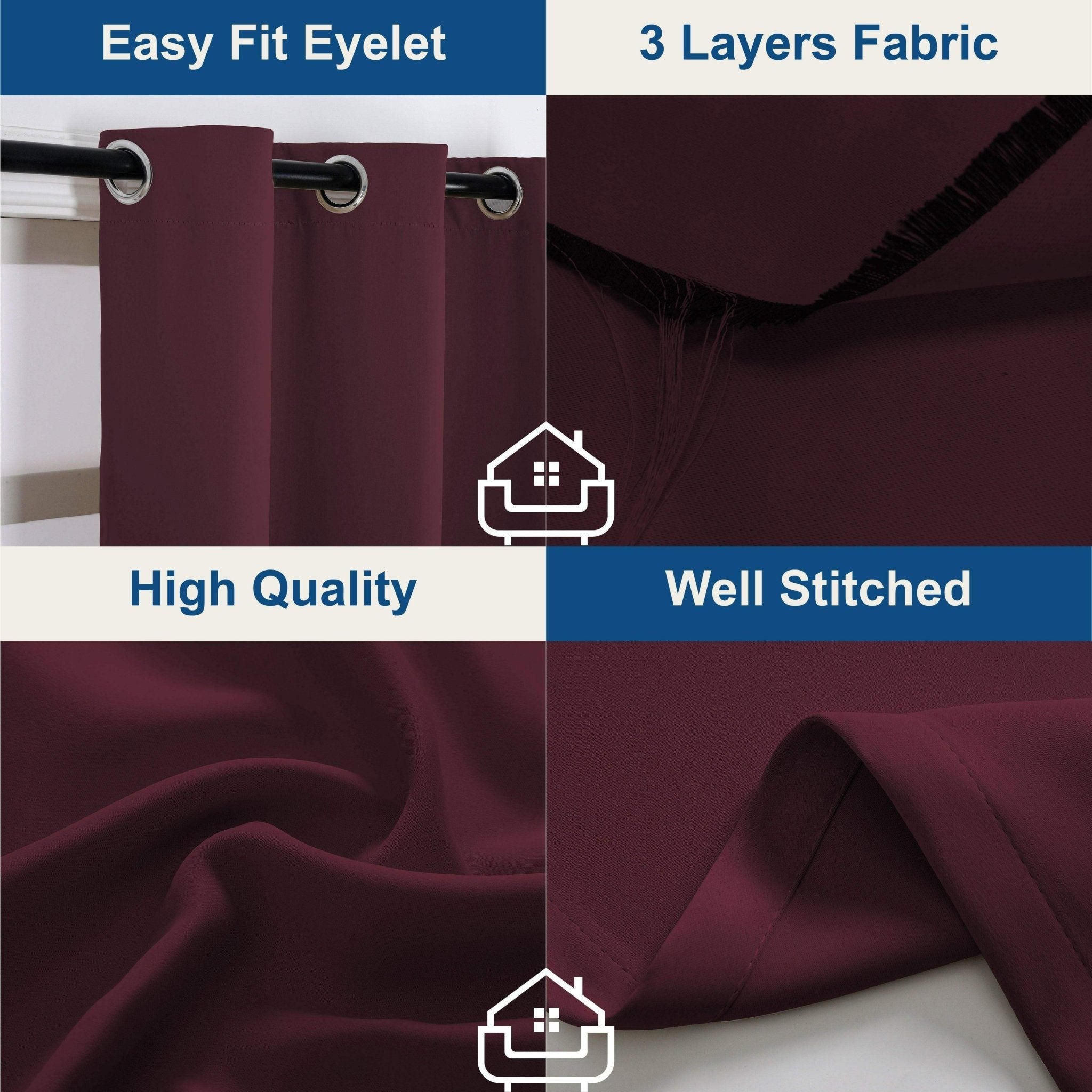 Hyper Cover 3-Layer Blockout Eyelet Curtains Burgundy | Thermal Wine Red Drapes - 132x137 cm -
