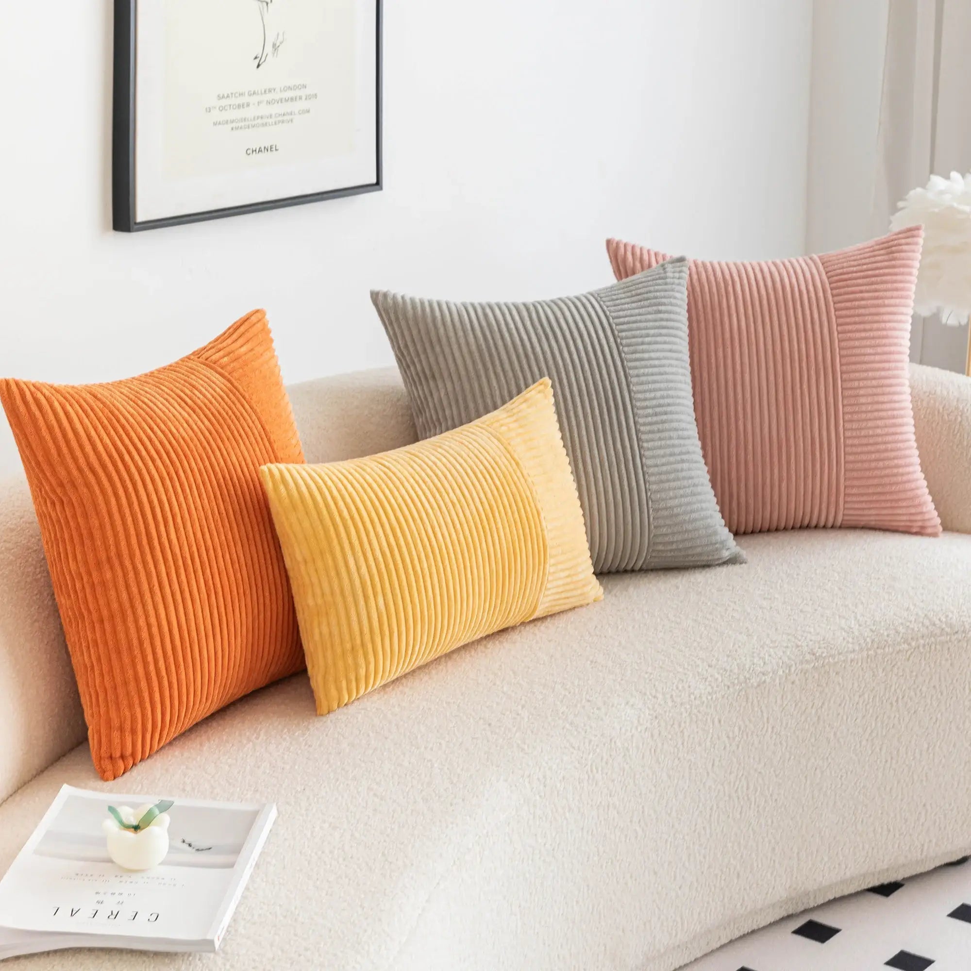 Hyper Cover Corduroy Cushion Cover | Geometric Striped Throw Pillow Case - Beige - 30x50 cm
