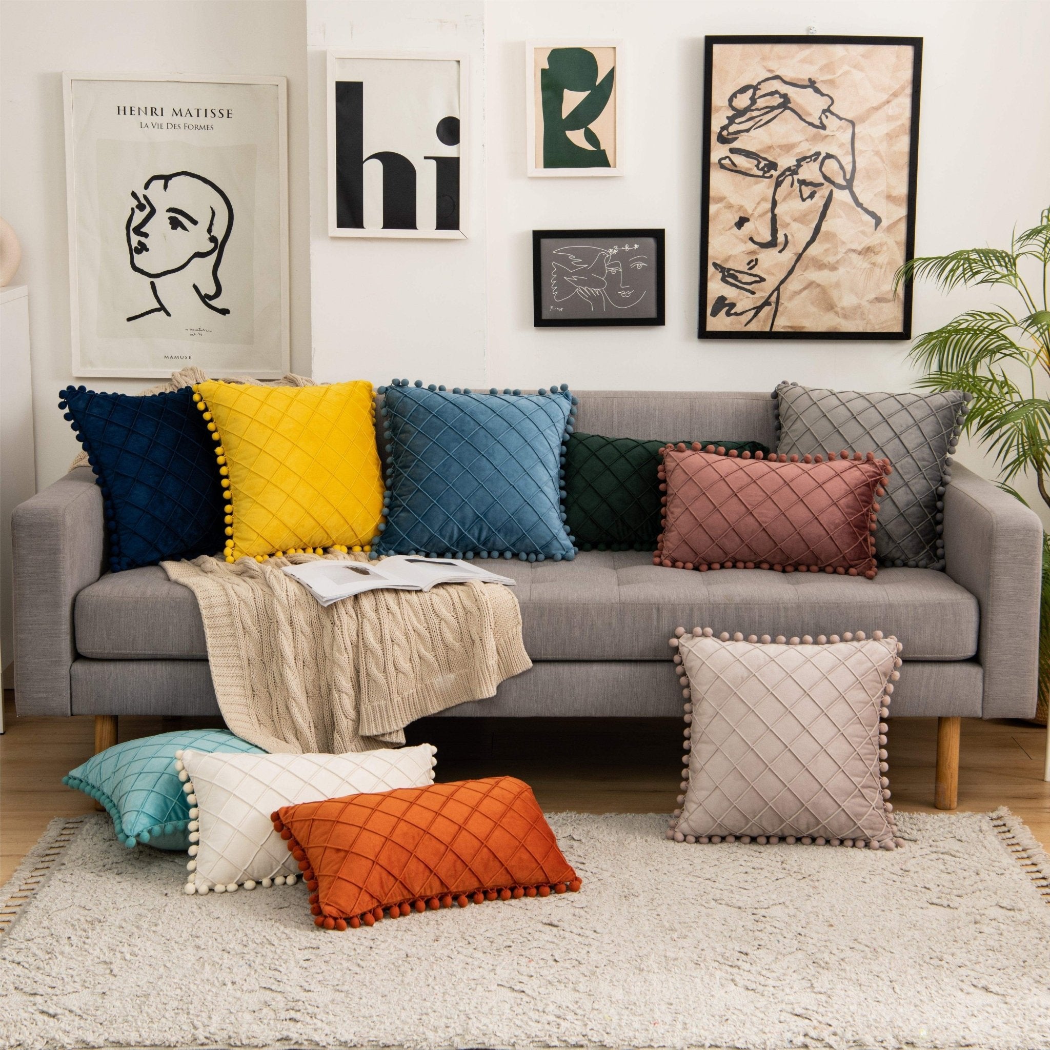 Hyper Cover Pom Pom Diamond Velvet Cushion Cover | Textured Throw Pillow Case - Beige - 30x50 cm