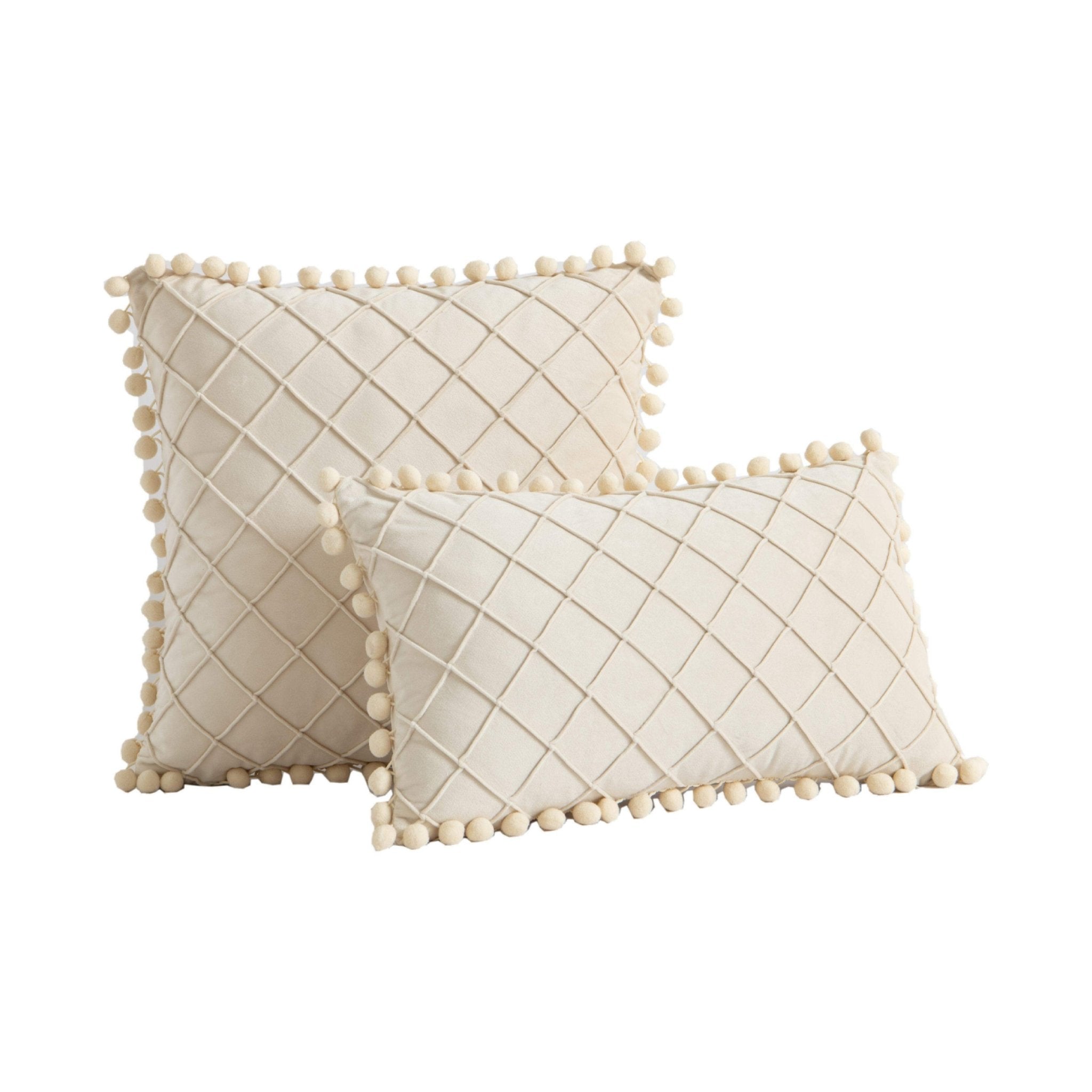 Hyper Cover Pom Pom Diamond Velvet Cushion Cover | Textured Throw Pillow Case - Beige - 30x50 cm