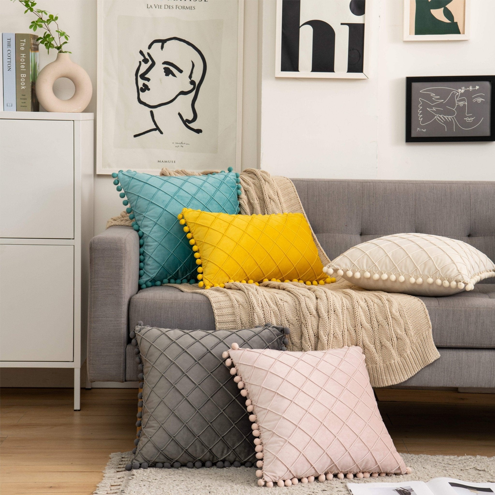 Hyper Cover Pom Pom Diamond Velvet Cushion Cover | Textured Throw Pillow Case - Beige - 30x50 cm