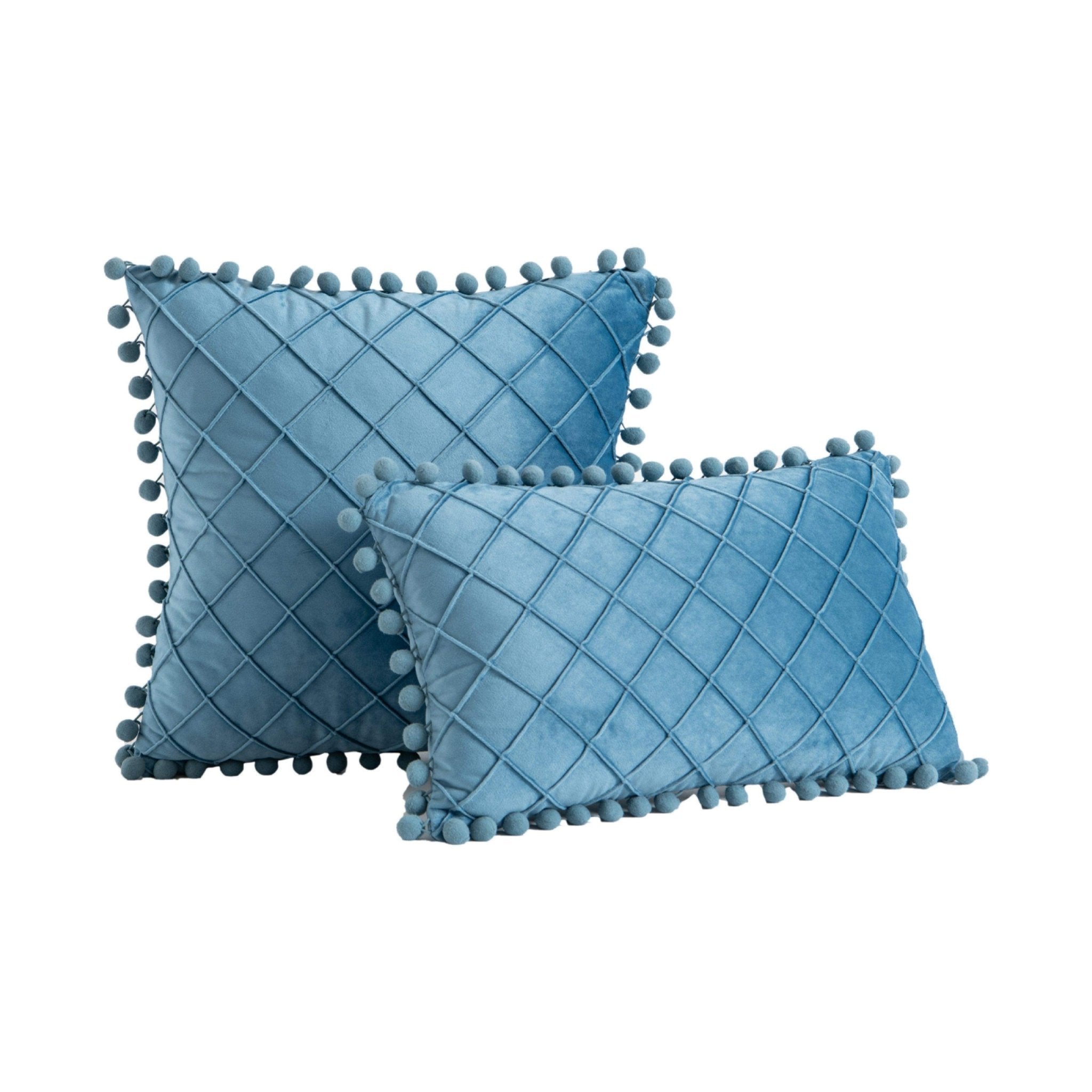 Hyper Cover Pom Pom Diamond Velvet Cushion Cover | Textured Throw Pillow Case - Cerulean - 30x50 cm