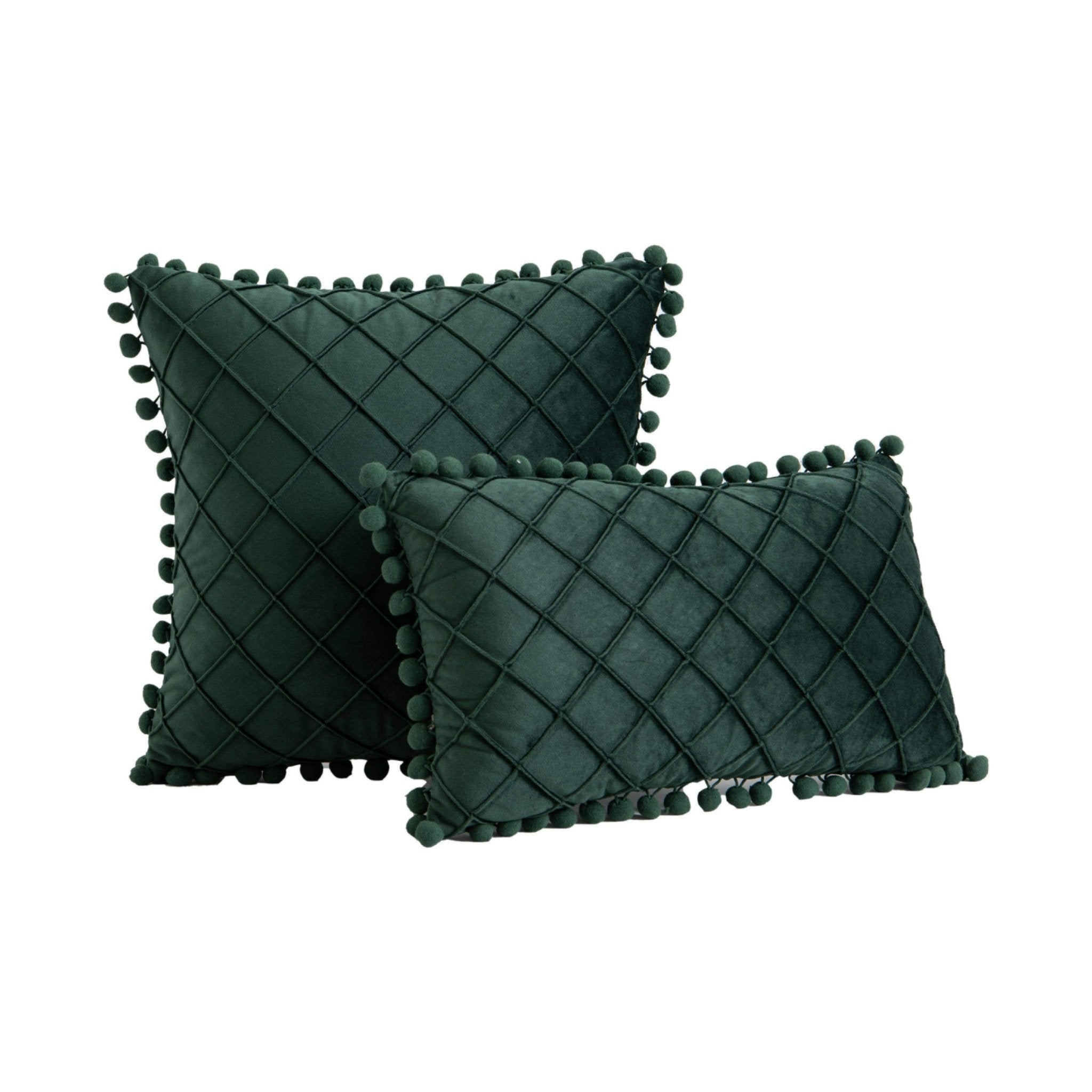 Hyper Cover Pom Pom Diamond Velvet Cushion Cover | Textured Throw Pillow Case - Forest Green - 30x50 cm
