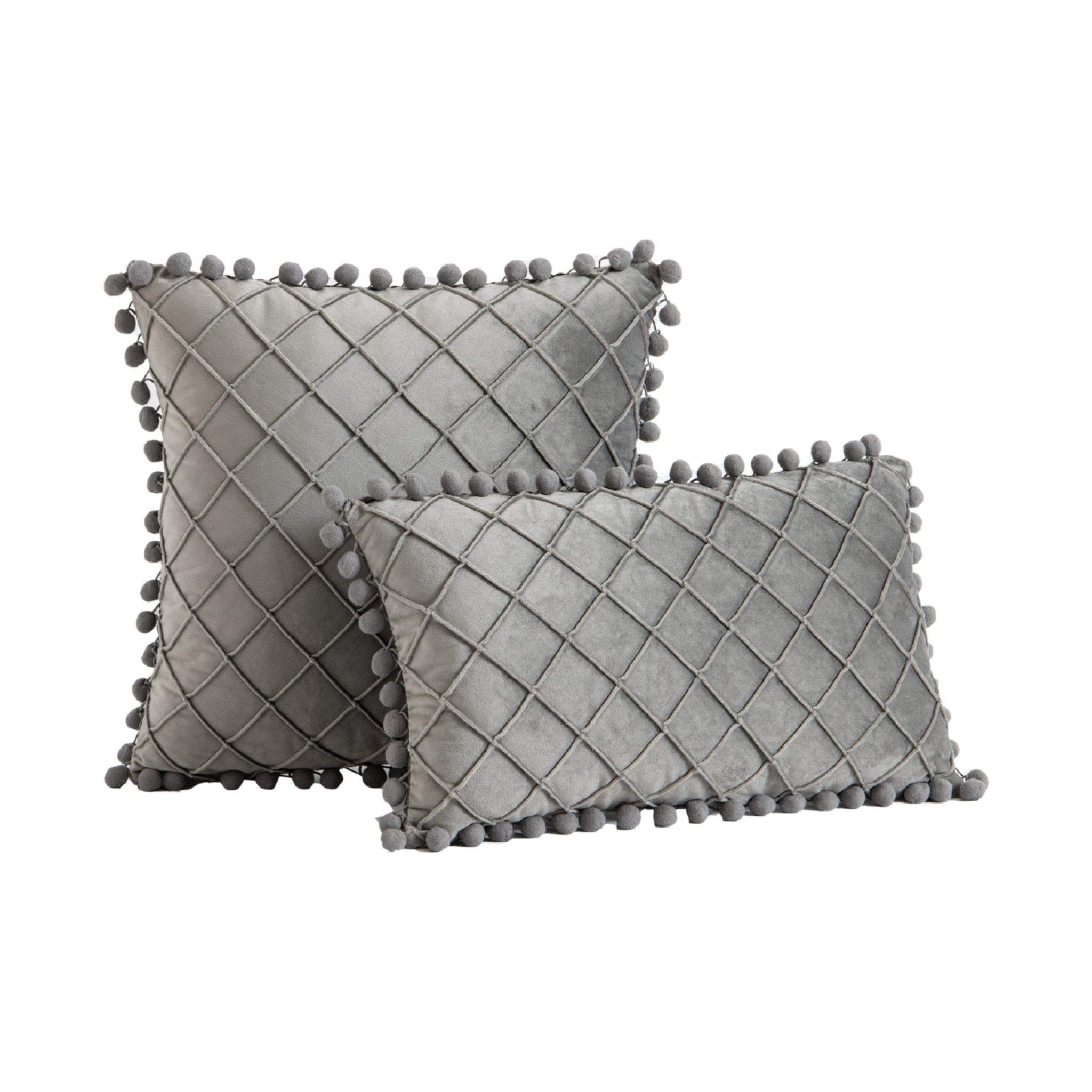 Hyper Cover Pom Pom Diamond Velvet Cushion Cover | Textured Throw Pillow Case - Grey - 30x50 cm