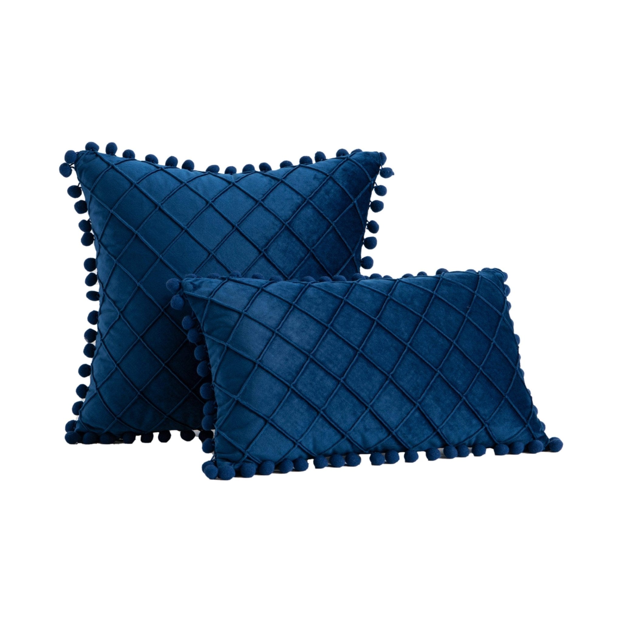 Hyper Cover Pom Pom Diamond Velvet Cushion Cover | Textured Throw Pillow Case - Navy - 30x50 cm