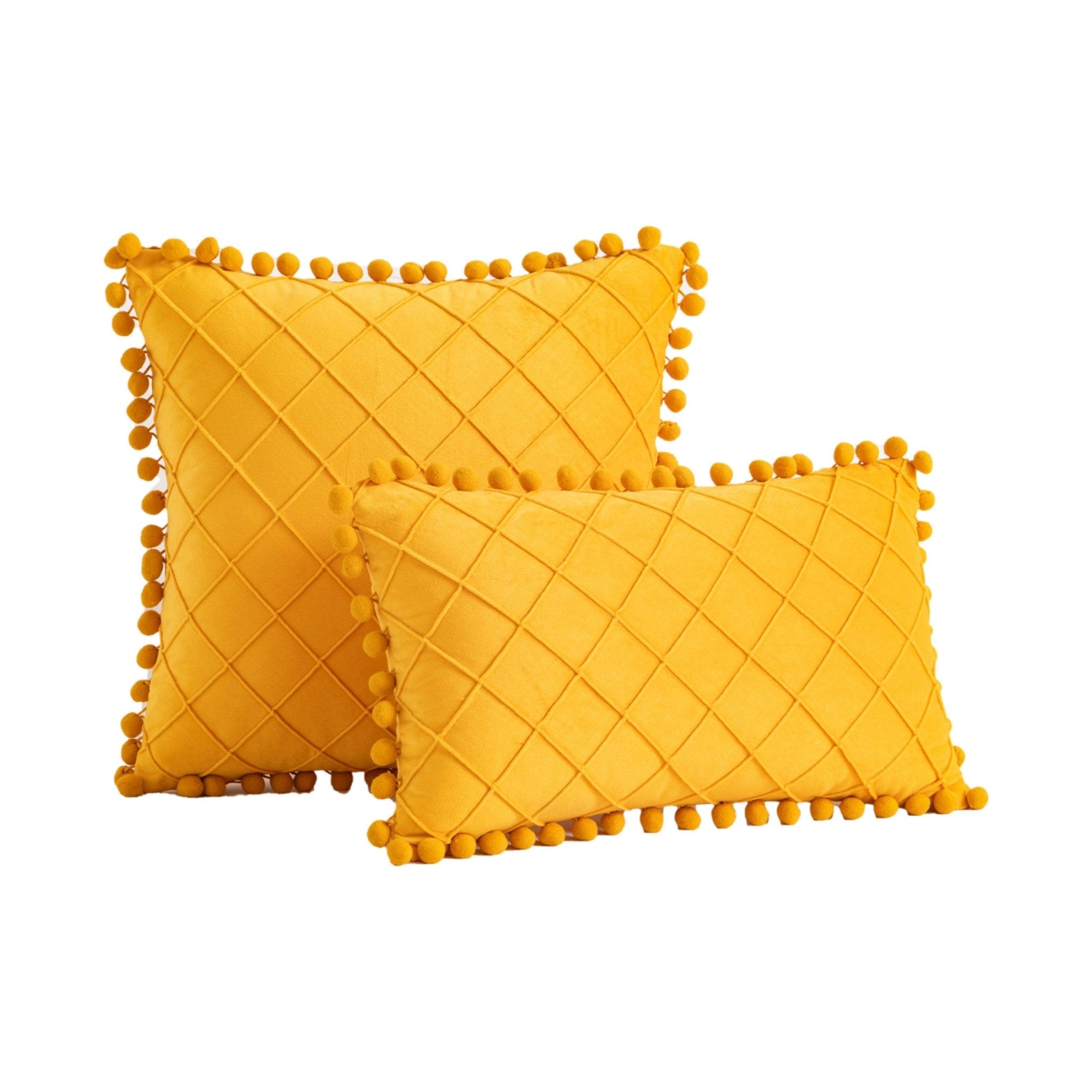 Hyper Cover Pom Pom Diamond Velvet Cushion Cover | Textured Throw Pillow Case - Orange - 30x50 cm
