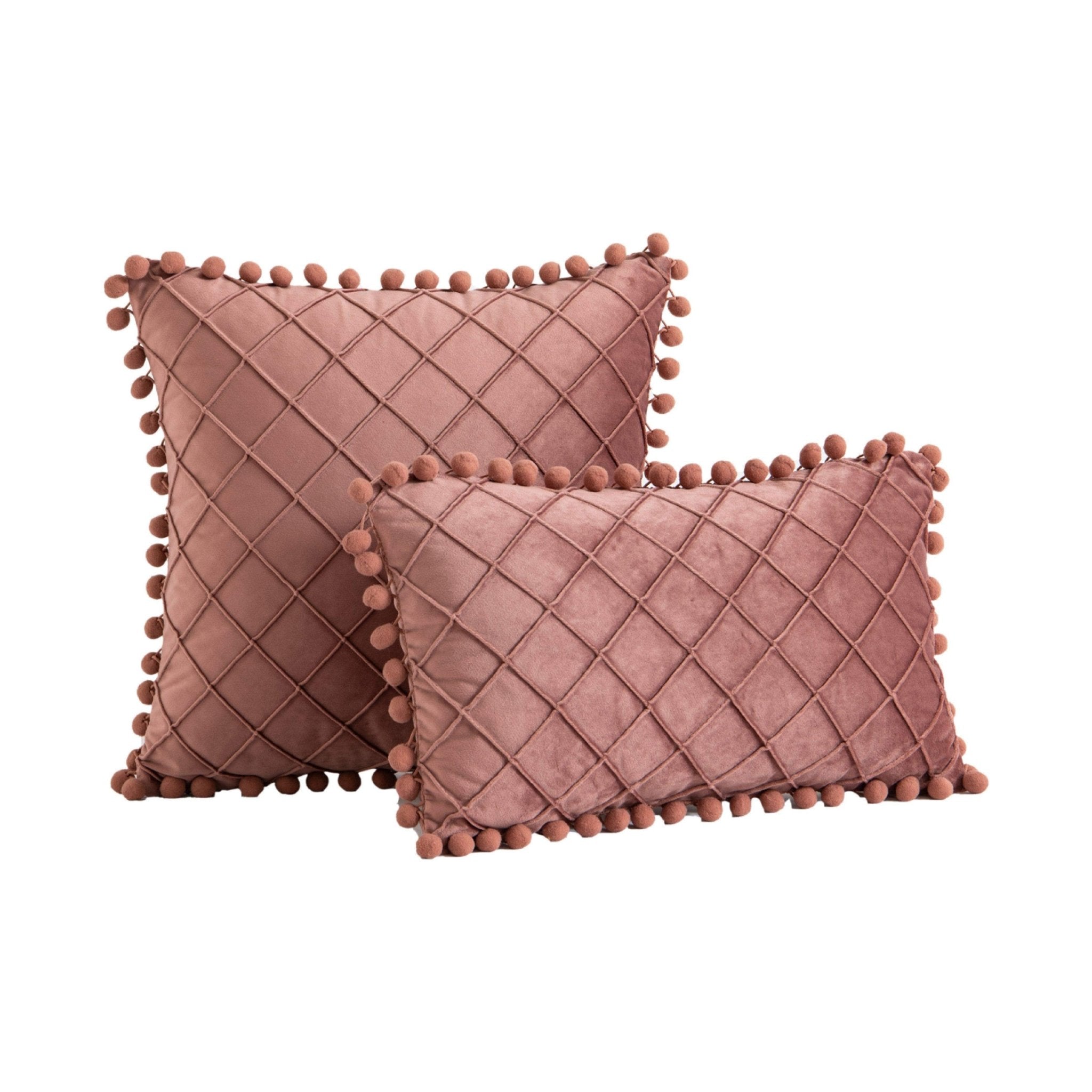 Hyper Cover Pom Pom Diamond Velvet Cushion Cover | Textured Throw Pillow Case - Rosy Brown - 30x50 cm