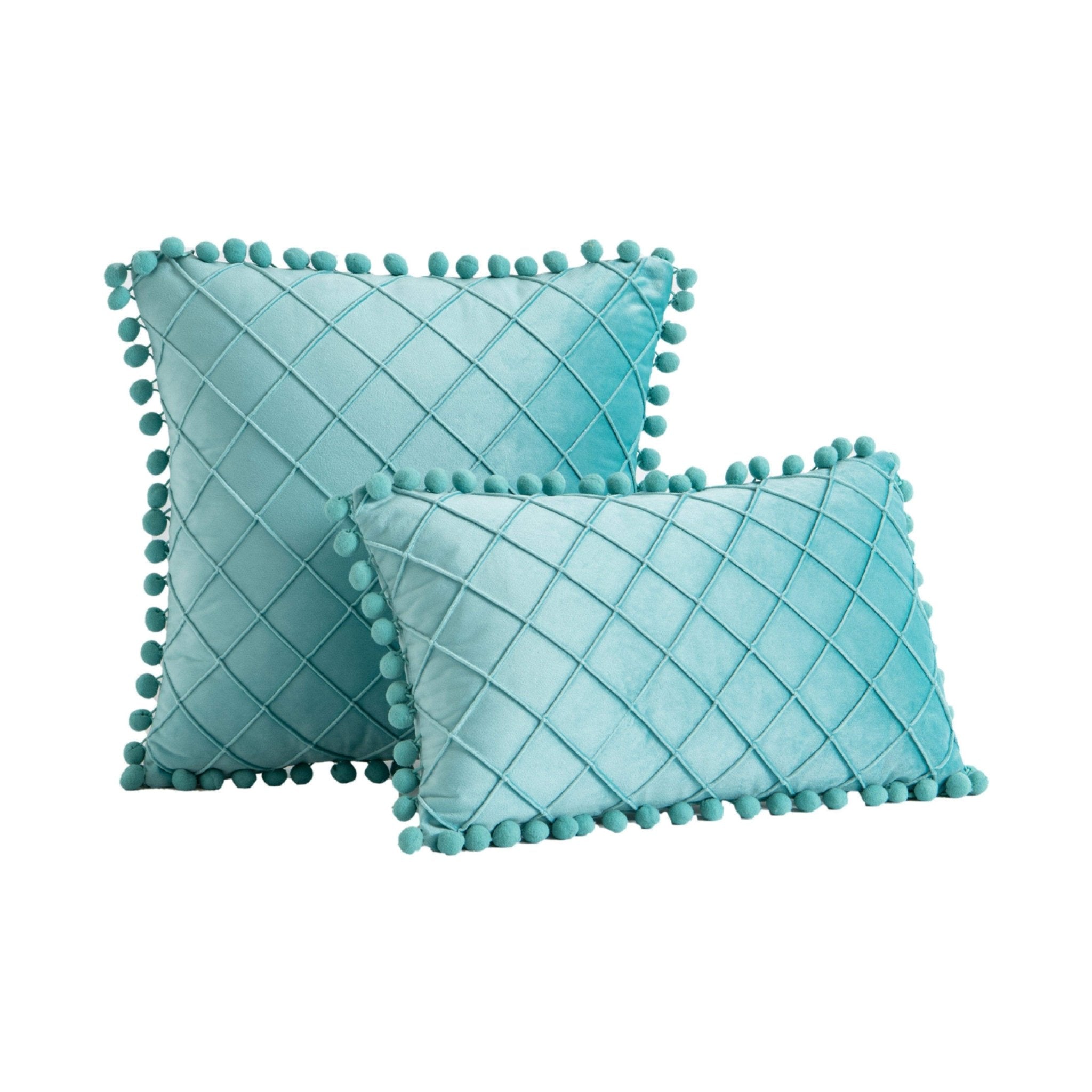 Hyper Cover Pom Pom Diamond Velvet Cushion Cover | Textured Throw Pillow Case - Turquoise - 30x50 cm