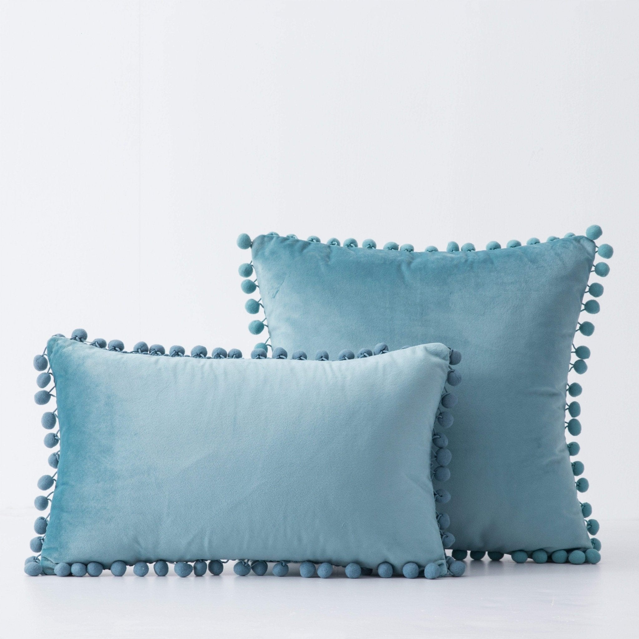 Hyper Cover Pom Pom Velvet Cushion Cover | Soft Throw Pillow Case - Cerulean - 30x50 cm