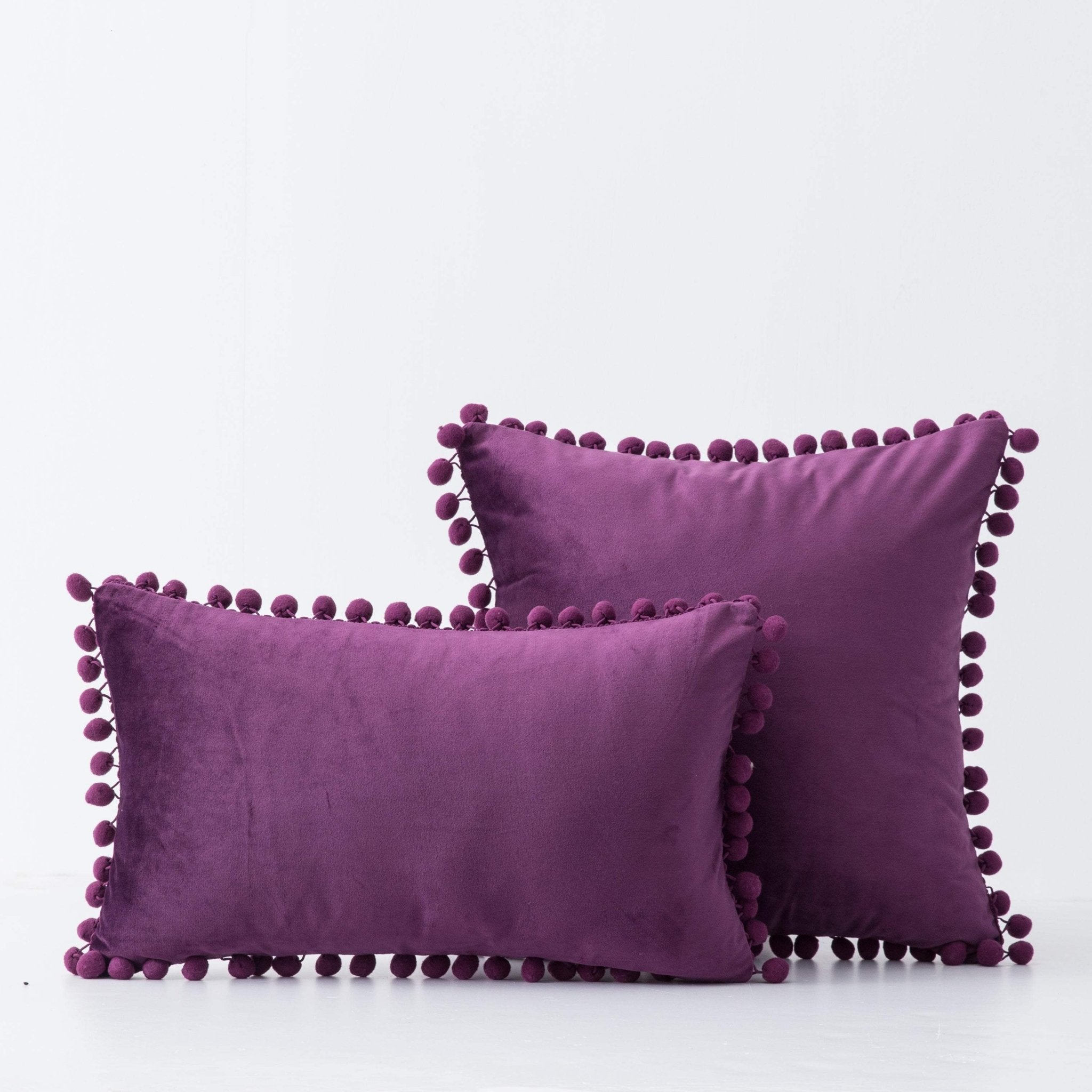 Hyper Cover Pom Pom Velvet Cushion Cover | Soft Throw Pillow Case - Eggplant - 30x50 cm