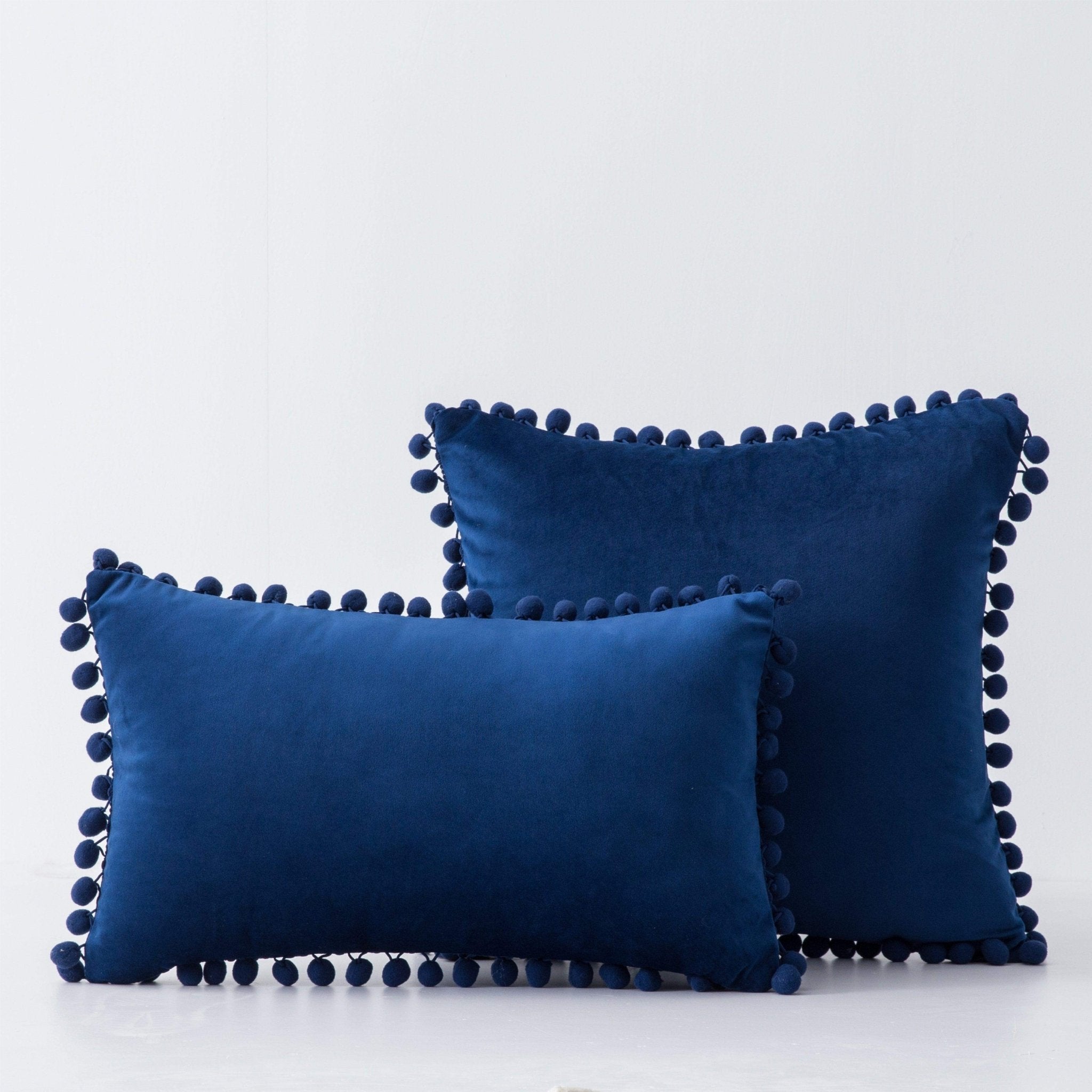 Hyper Cover Pom Pom Velvet Cushion Cover | Soft Throw Pillow Case - Navy - 30x50 cm