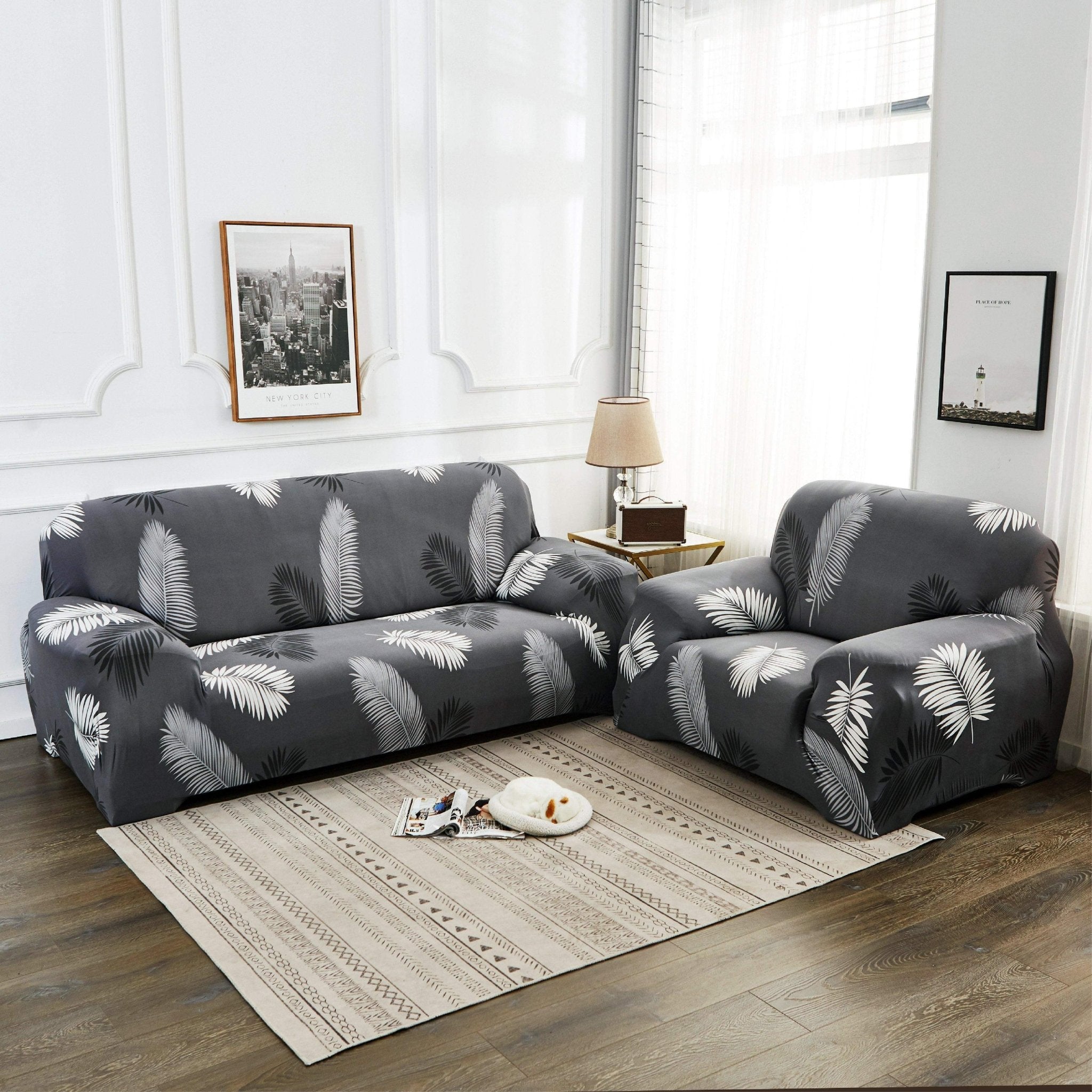 Hyper Cover Stretch Sofa Cover Black Feather Pattern | Slipcover - 1 Seater -