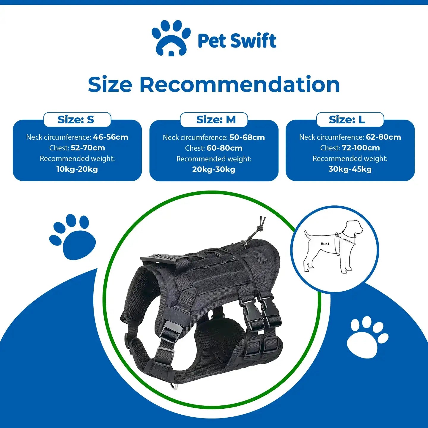 Pet Swift Tactical No-Pull Dog Harness Black | MOLLE System K9 Training Vest - Small -